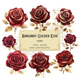Burgundy Golden Rose Clipart, Golden Burgundy Rose Flowers Clipart, Burgundy Roses Valentines Wedding PNG, Bridal Shower Burgundy Roses PNG