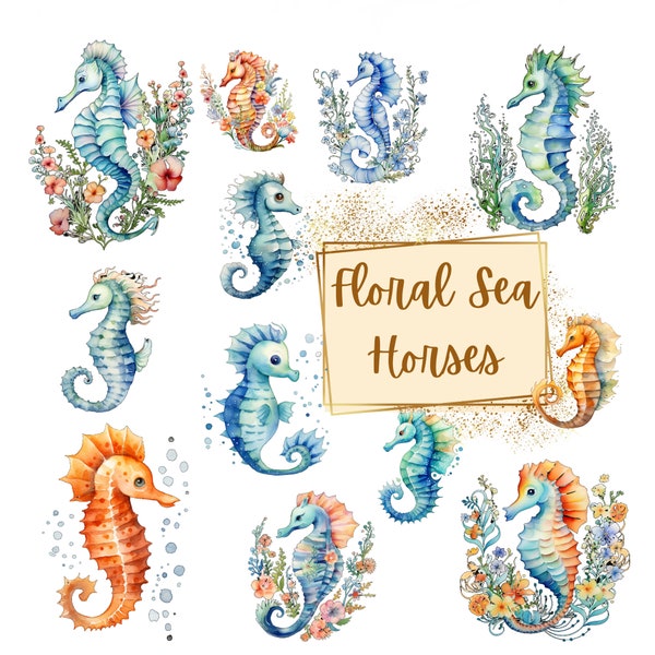 Floral Sea Horse Clipart, Floral Sea Horse Watercolor Clipart, Sea Horse Nautical Sea Life Png, Birthday Holiday Baby Shower Png, Commercial