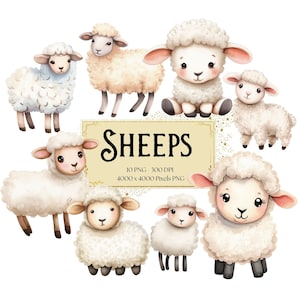 Imágenes Prediseñadas de ovejas, imágenes prediseñadas de acuarela de ovejas, animales de granja de primavera PNG, fiesta de cumpleaños, baby shower, granja, decoración de vivero, arte de pared,