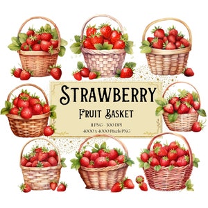 Clipart aardbei fruitmand, clipart aardbeien fruit, bessen verjaardag babyshower party graphics, kinderkamer png, kaarten maken