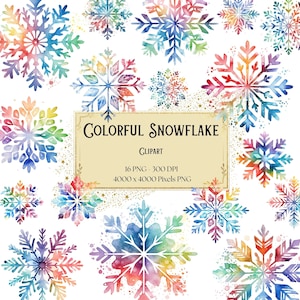 Może przedstawiać: Zestaw 16 kolorowych akwarelowych ilustracji płatków śniegu. Każdy płatek śniegu to unikalny wzór z tęczową paletą barw. Płatki śniegu idealnie nadają się do dodania świątecznego charakteru zimowym rękodziełom i projektom.