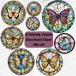 Butterfly Stained Glass Clipart, Butterflies Stained Glass Circle Round PNG, Faux Butterfly JPG, Faux Butterfly Sign Stained Glass Clipart