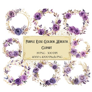 Purple Rose Golden Wreath Clipart, Purple Rose Golden Clipart, Purple Rose Valentines Wedding PNG, Bridal Shower Bride Rose Circle Png