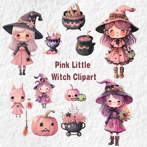 Kleine rosa Halloween-Hexe Clipart, süße Hexe-Halloween-Aquarell Clipart, Zaubertrank, Hexenkessel, Kinderzimmer-Baby-Dusche Clipart PNG