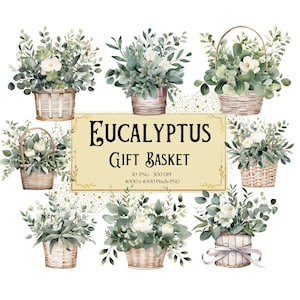 Eukalyptus Blume Geschenk Korb Clipart, Eukalyptus Blätter Zweig Clipart, Greenery Eukalyptus Braut Valentines Hochzeit PNG, Braut Blumen PNG