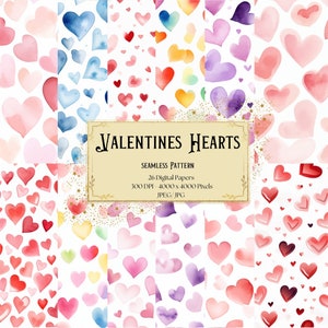 Valentines Seamless Hearts Digital Paper, Valentines Love Colorful Hearts Watercolor Seamless Textures, Scrapbooking Journal Digital Papers