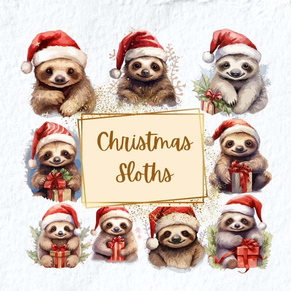 Christmas Sloth Clipart, Festive Holiday Christmas Sloth PNG,  Xmas Sloth Holiday Animal Clipart PNG, For Gift Tags Mugs Tshirts Clipart