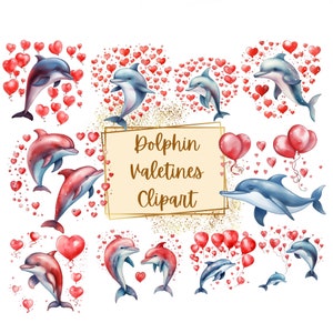 Dolphin Valentines Clipart, Dolphin Valentines Red Hearts Sea Life PNG, Underwater Ocean Life Png, Birthday Baby Shower PNG, For T Shirt Mug