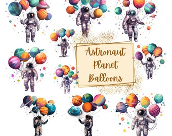 Astronaut Planet Balloons Clipart, Planet Space Balloons Clipart, Birthday Baby Shower Nursery Decor Png, For T shirts Tags Cards Mugs