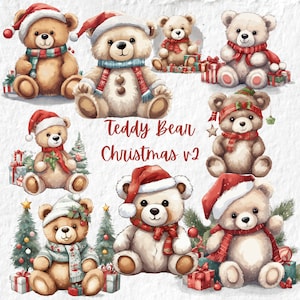 Christmas Teddy Bear Clipart, Xmas Teddy Bear Birthday Clipart, Cute Holiday Teddy Bear Baby Shower Party Graphics, Nursery Decor Art