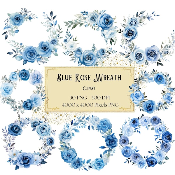 Blue Rose Wreath Clipart, Blue Rose Flowers Clipart, Blue Roses Valentines Wedding PNG, Bridal Shower Bride Blue Roses PNG Floral Clipart