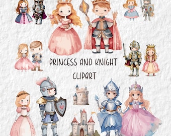 Princess And Knight Clipart, Fairy Tale Princess And Knight Watercolor Clipart, Princess Png Clipart, Birthday Baby Shower Png, For Gifts