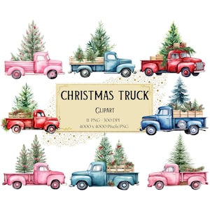 Caminhão de Natal Vintage Clipart, Caminhão de Pickup de Natal Vintage Clipart, Caminhão de Fazenda Rosa Azul Vermelho Vintage Clipart, Chá de Bebê Aniversário PNG