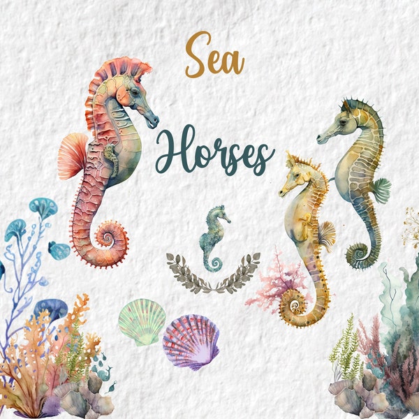 Sea Horse Clipart, Sea Horse Watercolor Png, Ocean Sea Life Animal Png, Birthday Party Baby Shower Graphics, For Cards Mugs Tags T shirt Png