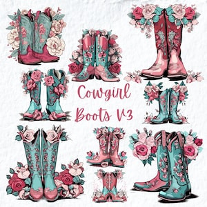 Cowgirl Boots Clipart, Pink Floral Western Cowgirl Clipart, Cowgirl Boots Png, Cowboy Boots Png, Birthday Baby Shower Nursery Art Clipart