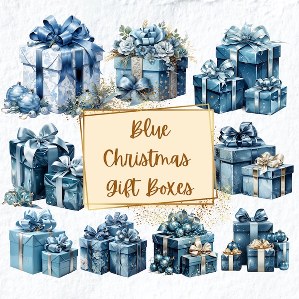 Christmas Blue Gift Boxes Clipart, Christmas Presents Valetines Gift Boxes Clipart, Xmas Birthday Baby Shower Decor, For T Shirt Mugs Cards