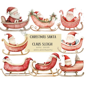 Christmas Santa Claus Sleigh Clipart, Sleigh Png, Holiday Clipart, Santa Xmas Birthday Baby Shower Party Graphics, For T shirt Mugs Tags