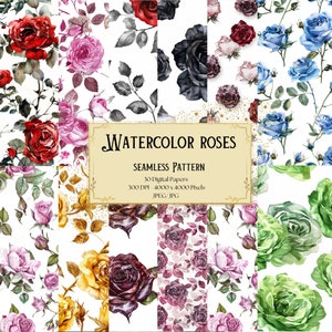 Roses Watercolor Seamless Pattern Digital Paper, Roses Seamless Pattern, Roses Collage Paper Pack, Scrapbooking Junk Journal Backgrounds Kit