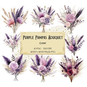 Bouquet de la pampa violet fleur des cliparts, automne Boho automne fleur de la pampa Clipart, violet neutre Floral mariée mariage PNG, mariée floral PNG