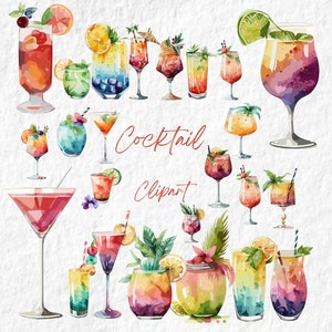 Cocktail Clipart, Alcohol Drinks Clipart, Watercolor Cocktail Illustrations, Non Alcoholic Drinks, Beverages, Spirits, Summer