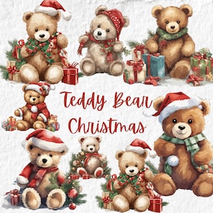Christmas Teddy Bear Clipart, Christmas Teddy Bear Birthday Clipart, Cute Holiday Teddy Bear Baby Shower Party Graphics, Nursery Decor Art