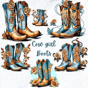 Cowgirl Boots Clipart, Western Cowgirl Clipart, Floral Cowgirl Boots Png, Cowboy Boots Png, Birthday Baby Shower Nursery Art Clipart