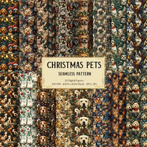 Patrón sin costuras de mascotas navideñas: papel digital de perros y gatos (descarga instantánea)