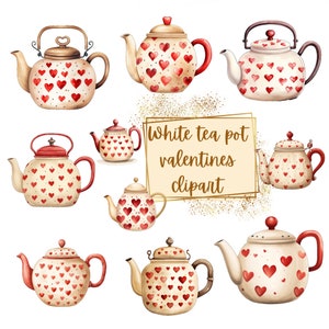 Pode incluir: Conjunto de nove ilustrações de aquarela de bules brancos com corações vermelhos. Os bules são de vários estilos e tamanhos. O texto "White tea pot valentines clipart" está escrito em uma caixa branca com uma borda dourada.