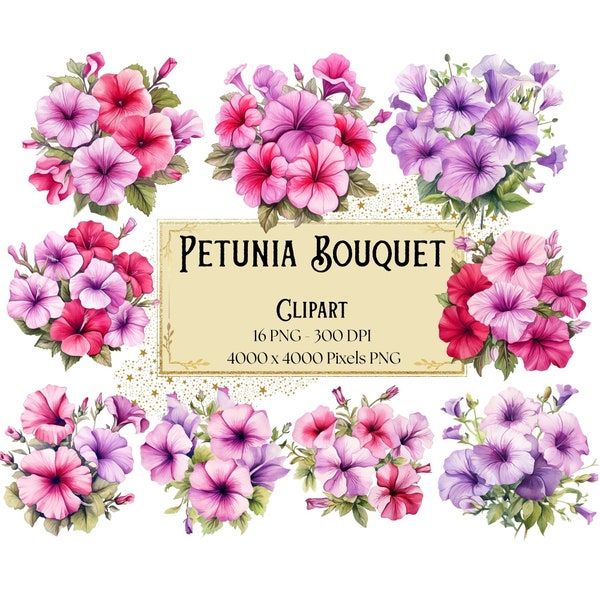 Petunia Bouquet Flower Clipart, Spring Purple Petunia Flower Clipart, Petunia Plant Valentines Wedding PNG, Floral Bridal Bride PNG