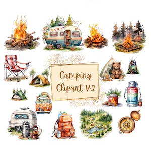 Imágenes prediseñadas de camping, imágenes prediseñadas de vida de camping de aventura, gráficos de imágenes prediseñadas de fogata de tienda de campaña de caravana, gráfico de decoración de guardería de baby shower de cumpleaños Png