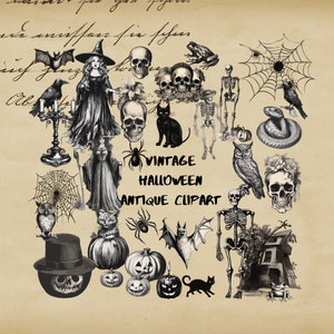Vintage Halloween Clipart, Antique Halloween Ephemera Clipart, skulls, Skeletons, bats, owls, spiders, witches, candlesticks, pumpkins png