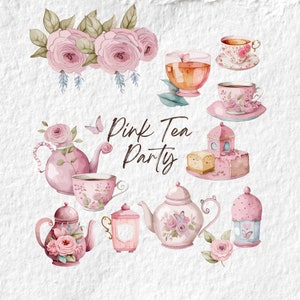 Vintage Pink Teacup Floral Tea Party Clipart, tazze da tè Blush e oro, clip art per tè da giardino grafica PNG, Shower Party Nursery Decor Art