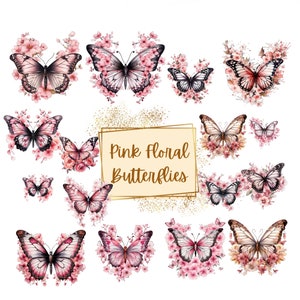 Schmetterling Blumen Clipart, Rosa Blumen Blüte Schmetterling Clipart, Geburtstag Baby Shower Kinderzimmer Dekor Grafik Png, Digitaler Download