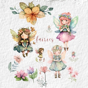 Clipart acquerello Fairy Garden Friends, clipart carino Fantasy Fairies, PNG da favola, Woodland Fairy Garden Png, per t-shirt tazze carte tag