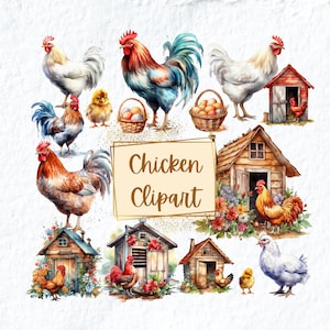 Chicken Watercolor Clipart, Farm Animal Clipart, Baby Chicken Farm Clipart, Birthday Baby Shower Decor, For T Shirt Mugs Scrapbooking