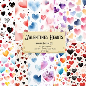 Valentines Love Colorful Hearts Seamless Paper, Romantic Valentines Seamless Hearts Watercolor Digital Paper Textures, Scrapbooking Papers