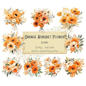 Orange Bouquet Flower Clipart, Spring Orange Floral Clipart, Botanical Orange Flowers Valentines Wedding PNG, Orange Flower Bridal Bride PNG