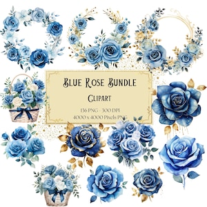 Blue Rose Clipart, Blue Rose Bundle Flowers Clipart, Blue Roses Valentines Wedding Bridal Shower Bride Watercolor Rose Floral PNG Clipart