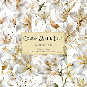 Golden White Lily Digital Paper, White Lily Seamless Pattern, Lily Seamless Digital Pattern, Scrapbooking Journal Background, Instant