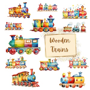 Holzspielzeug-Eisenbahn-Clipart, Holzspielzeug-Eisenbahn-Kinderzimmer-Clipart, Zug-Aquarell-Clipart, Geburtstag-Baby-Dusche-Kinderzimmer-Png, Instant