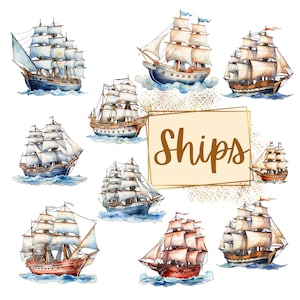Clipart di nave, Clipart ad acquerello di nave a vela, Clipart di vita marina nautica, Compleanno Vacanza Baby Shower Png, Per magliette Tazze Tag Carte