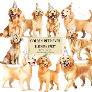 Golden Retriever-Geburtstags-Party Clipart, Baby Golden Retriever-Welpe Clipart, Baby-Dusche-Geburtstags-Kinderzimmer-Party Clipart PNG, kommerzielle Nutzung