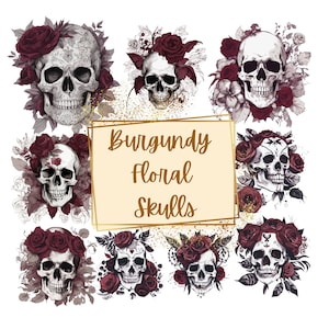 Bordure florale tête de mort croquis Clipart, crânes humains antiques Bourgogne PNG Clipart, anniversaire baby shower squelette PNG, pour t shirts tasses cartes