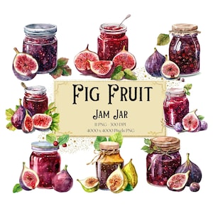 Op de afbeelding: Waterverfillustratie van potten met vijgenjam en verse vijgen. De potten zijn versierd met touw en hebben een rustieke uitstraling. De tekst "Fig Fruit Jam Jar" is geschreven in een decoratief lettertype.