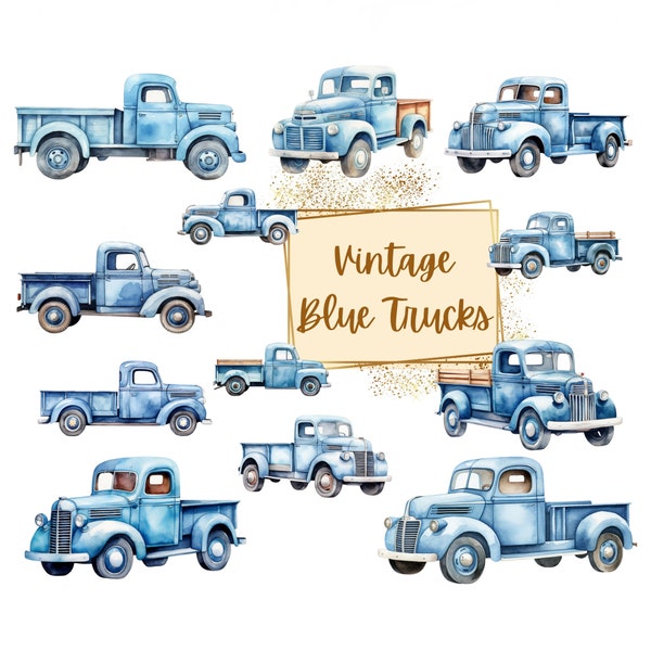 Vintage Blue Truck Clipart, Vintage Pickup Truck Clipart, Vintage Farm Truck Watercolor Clipart, Baby Shower Birthday PNG, For T shirt Cards