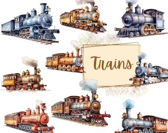 Vintage Locomotives Train Clipart, Steam Train North Pole PNG Clipart, Railway Watercolor Clipart, Birthday Baby Shower Nursery Png, Instant
