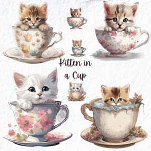 Kittin Floral Cup Clipart, Cute Kitty Floral Clipart PNG, Floral Cat Clipart,For T-shirts Mugs Pillows Decoration PNG Clipart DIY