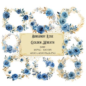 Blue Rose Golden Wreath Clipart, Blue Rose Golden Clipart, Blue Rose Valentines Wedding PNG, Bridal Shower Bride Blue Rose Circle Clipart