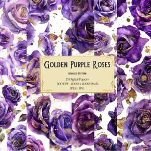 Golden Purple Roses Watercolor Seamless Pattern, Purple Roses With Golden Glitter Seamless Digital Paper, Scrapbooking Collage Junk Journal