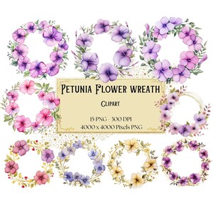 Petunia Flower Wreath Clipart, Spring Purple Petunia Flower Clipart, Botanical Petunia Plant Valentines Wedding PNG, Floral Bridal Bride PNG